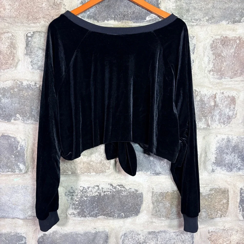 Nude Black Velvet Front Tie Cropped Sweatshirt Women's Medium Long Sleeve Gothic